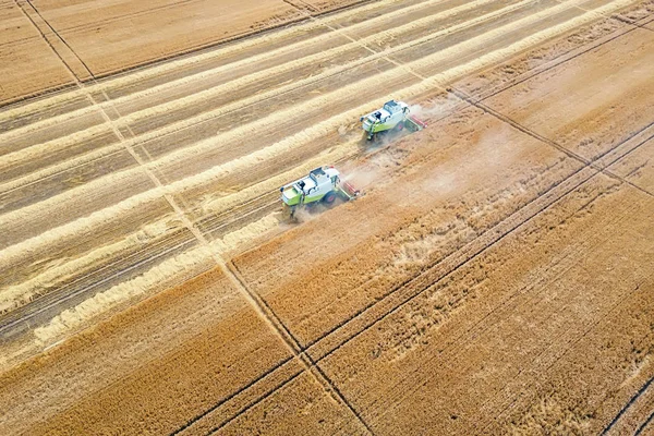 Combineer Oogstmachine Werkend Een Tarweveld Combineer Oogstzicht Vanuit Lucht — Stockfoto