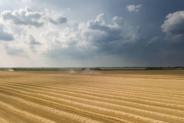 小麦畑で作業している収穫機を組み合わせる 収穫機の空中ビューを組み合わせる — ストック写真