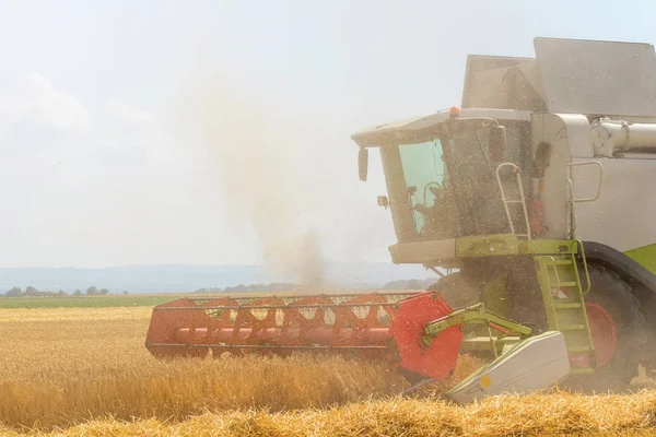 Closeup Combine harvesting a wheat field. Combine working the field.