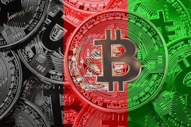 Bitcoin Afganistan bayrağı yığını. Bitcoin cryptocurrencies kavramı. BTC arka plan.