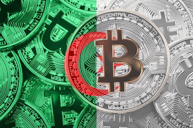 Bitcoin Cezayir bayrağı yığını. Bitcoin cryptocurrencies kavramı. BTC arka plan.