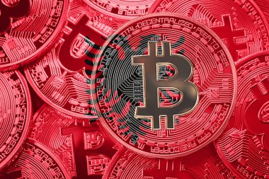 Bitcoin Arnavutluk bayrağı yığını. Bitcoin cryptocurrencies kavramı. BTC arka plan.