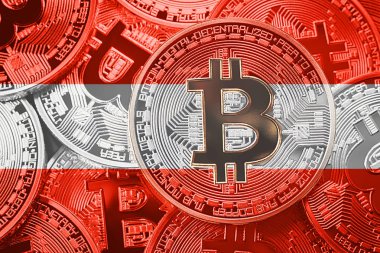 Bitcoin Avusturya bayrağı yığını. Bitcoin cryptocurrencies kavramı. BTC arka plan.