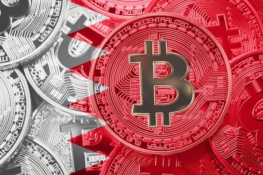 Bitcoin Bahreyn bayrağı yığını. Bitcoin cryptocurrencies kavramı. BTC arka plan.