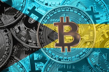 Bitcoin Bahamalar bayrağı yığını. Bitcoin cryptocurrencies kavramı. BTC arka plan.