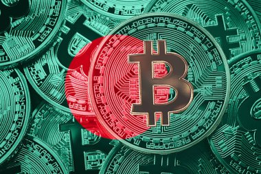 Bitcoin Bangladeş bayrağı yığını. Bitcoin cryptocurrencies kavramı. BTC arka plan.