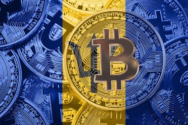 Bitcoin Barbados Bayrağı yığını. Bitcoin cryptocurrencies kavramı. BTC arka plan.