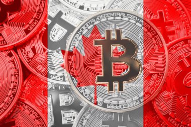 Bitcoin Kanada bayrağı yığını. Bitcoin cryptocurrencies kavramı. BTC arka plan.