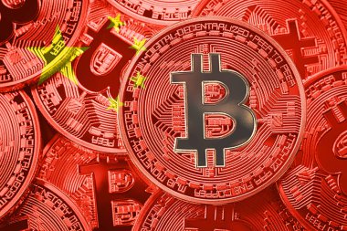 Bitcoin Çin bayrağı yığını. Bitcoin cryptocurrencies kavramı. BTC arka plan.