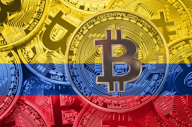 Bitcoin Kolombiya bayrak yığını. Bitcoin cryptocurrencies kavramı. BTC arka plan.