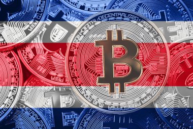 Bitcoin Kosta Rika bayrak yığını. Bitcoin cryptocurrencies kavramı. BTC arka plan.