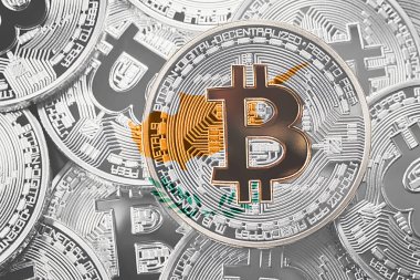 Bitcoin Kıbrıs bayrağı yığını. Bitcoin cryptocurrencies kavramı. BTC arka plan.