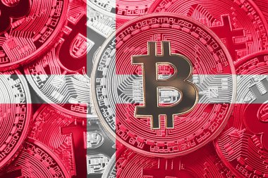 Bitcoin Danimarka bayrağı yığını. Bitcoin cryptocurrencies kavramı. BTC arka plan.