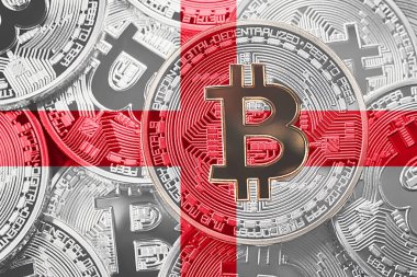 Bitcoin İngiltere bayrağı yığını. Bitcoin cryptocurrencies kavramı. BTC arka plan.