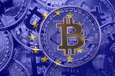 Bitcoin Avrupa Birliği bayrağı yığını. Bitcoin cryptocurrencies kavramı. BTC arka plan.