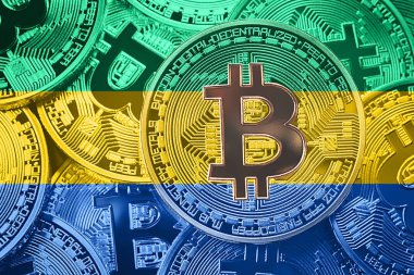 Bitcoin Gabon bayrak yığını. Bitcoin cryptocurrencies kavramı. BTC arka plan.
