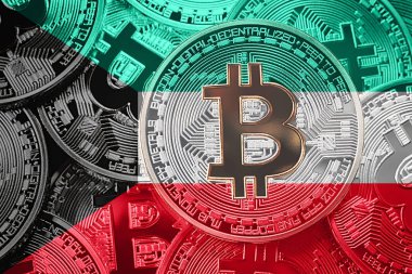 Bitcoin Kuveyt bayrağı yığını. Bitcoin cryptocurrencies kavramı. BTC arka plan.