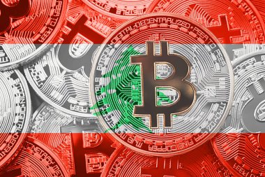 Bitcoin Lübnan bayrağı yığını. Bitcoin cryptocurrencies kavramı. BTC arka plan.