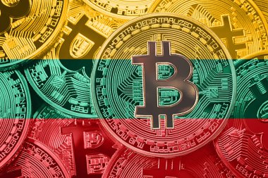 Bitcoin Litvanya bayrağı yığını. Bitcoin cryptocurrencies kavramı. BTC arka plan.