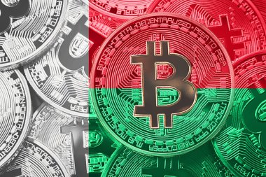 Bitcoin Madagaskar bayrağı yığını. Bitcoin cryptocurrencies kavramı. BTC arka plan.