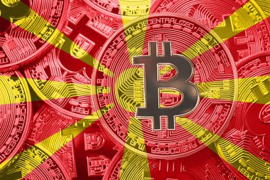 Bitcoin Makedonya bayrak yığını. Bitcoin cryptocurrencies kavramı. BTC arka plan.
