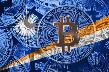 Bitcoin Marshall Adaları bayrağı yığını. Bitcoin cryptocurrencies kavramı. BTC arka plan.