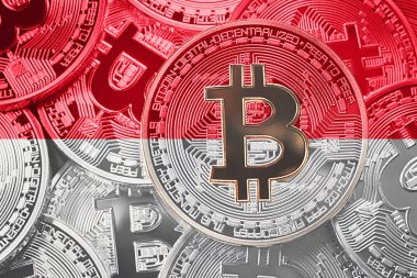 Bitcoin Monaco bayrağı yığını. Bitcoin cryptocurrencies kavramı. BTC arka plan.