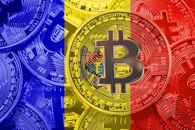 Bitcoin Moldova bayrağı yığını. Bitcoin cryptocurrencies kavramı. BTC arka plan.
