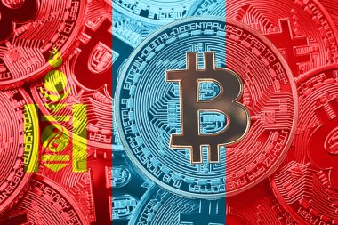 Bitcoin Moğolistan bayrağı yığını. Bitcoin cryptocurrencies kavramı. BTC arka plan.