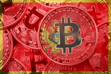 Bitcoin Karadağ bayrağı yığını. Bitcoin cryptocurrencies kavramı. BTC arka plan.