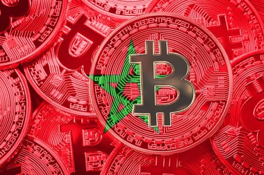 Bitcoin Fas bayrak yığını. Bitcoin cryptocurrencies kavramı. BTC arka plan.