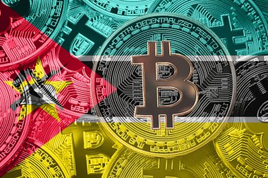 Bitcoin Mozambik bayrak yığını. Bitcoin cryptocurrencies kavramı. BTC arka plan.