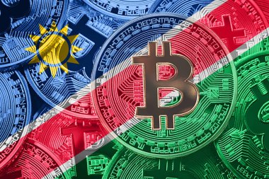 Bitcoin Namibya bayrak yığını. Bitcoin cryptocurrencies kavramı. BTC arka plan.