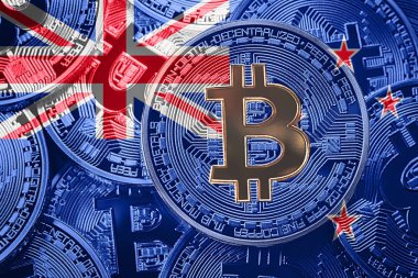 Bitcoin Yeni Zelanda bayrağı yığını. Bitcoin cryptocurrencies kavramı. BTC arka plan.