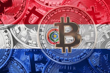Bitcoin Paraguay bayrağının yığını. Bitcoin cryptocurrencies kavramı. BTC arka plan.