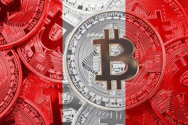 Bitcoin Peru bayrağı yığını. Bitcoin cryptocurrencies kavramı. BTC arka plan.