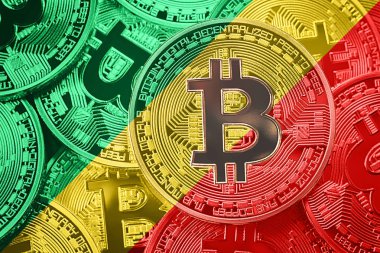 Bitcoin Cumhuriyeti Kongo bayrağı yığını. Bitcoin cryptocurrencies kavramı. BTC arka plan.