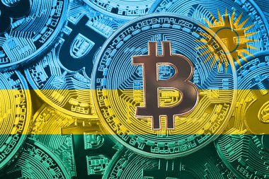 Bitcoin Ruanda bayrak yığını. Bitcoin cryptocurrencies kavramı. BTC arka plan.