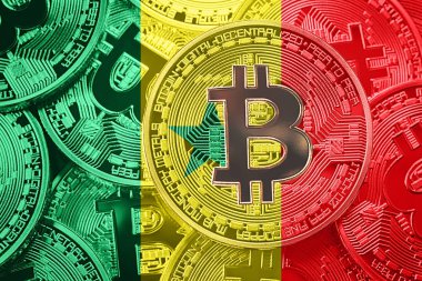 Bitcoin Senegal bayrak yığını. Bitcoin cryptocurrencies kavramı. BTC arka plan.