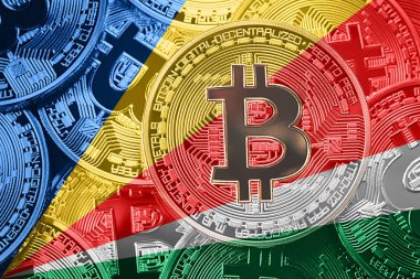 Bitcoin Seyşeller bayrak yığını. Bitcoin cryptocurrencies kavramı. BTC arka plan.