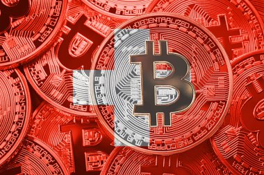 Bitcoin İsviçre bayrağı yığını. Bitcoin cryptocurrencies kavramı. BTC arka plan.