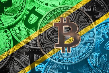 Bitcoin Tanzanya bayrak yığını. Bitcoin cryptocurrencies kavramı. BTC arka plan.