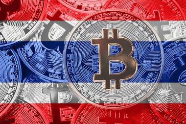 Bitcoin Tayland bayrağı yığını. Bitcoin cryptocurrencies kavramı. BTC arka plan.