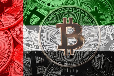 Bitcoin Birleşik Arap Emirlikleri bayrağı yığını. Bitcoin cryptocurrencies kavramı. BTC arka plan.