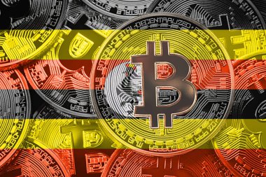 Bitcoin Uganda bayrağı yığını. Bitcoin cryptocurrencies kavramı. BTC arka plan.