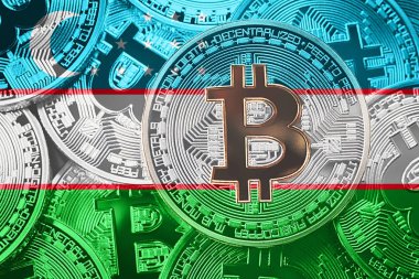 Bitcoin Özbekistan bayrağı yığını. Bitcoin cryptocurrencies kavramı. BTC arka plan.
