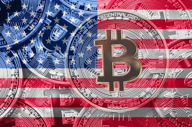 Bitcoin ABD bayrağı yığını. Bitcoin cryptocurrencies kavramı. BTC arka plan.