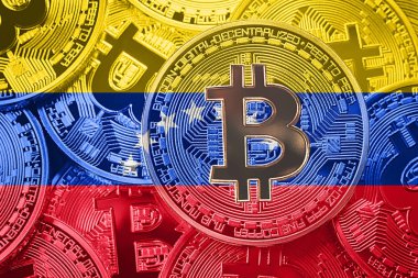Bitcoin Venezuela bayrak yığını. Bitcoin cryptocurrencies kavramı. BTC arka plan.