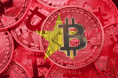Bitcoin Vietnam bayrağı yığını. Bitcoin cryptocurrencies kavramı. BTC arka plan.