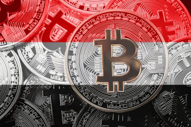 Bitcoin Yemen bayrak yığını. Bitcoin cryptocurrencies kavramı. BTC arka plan.